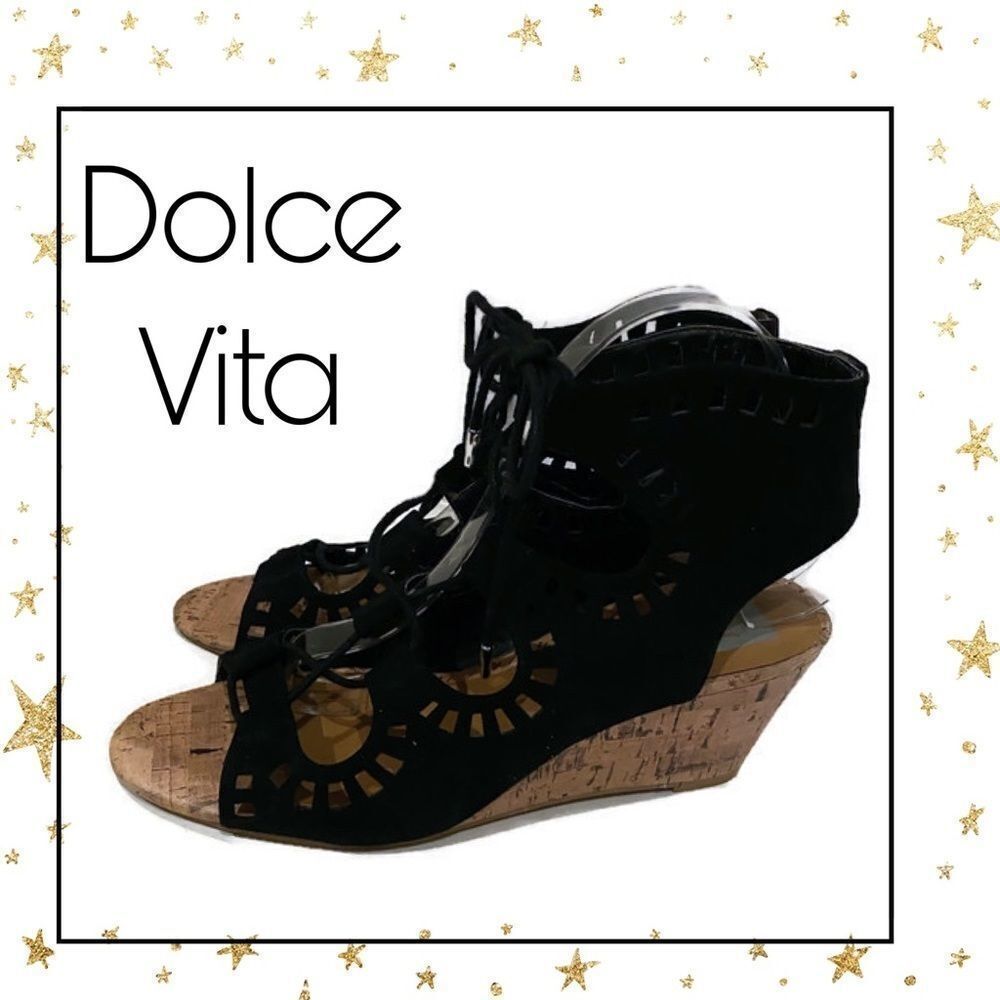 DV Dolce Vita Black wedge Tie Cut-Out Sandals 9.5